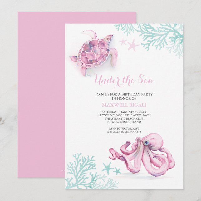 Convites Aniversário Da Aquarela Sob O Mar (Frente/Verso)
