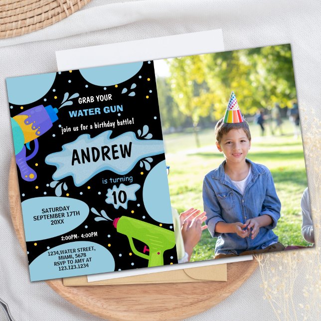 Convites Aniversário da Arma de Foto Verde Azul Preta (Black Blue Green Photo Water Gun Birthday Invitation)