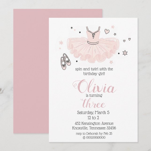 Convites Aniversário da Bailarina Rosa Elegante (Frente/Verso)