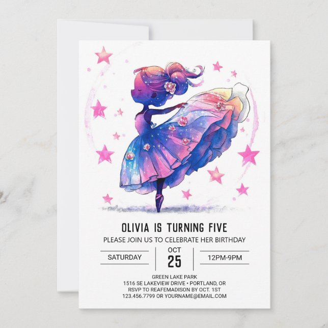 Convites Aniversário da Ballerina com Aquarela Imprimível (Frente)