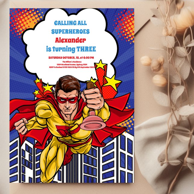 Convites Aniversário da banda desenhada de super-heróis (Criador carregado)