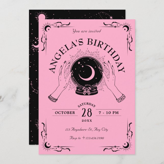 Convites Aniversário da bola de cristal de lua rosa negra (Frente/Verso)