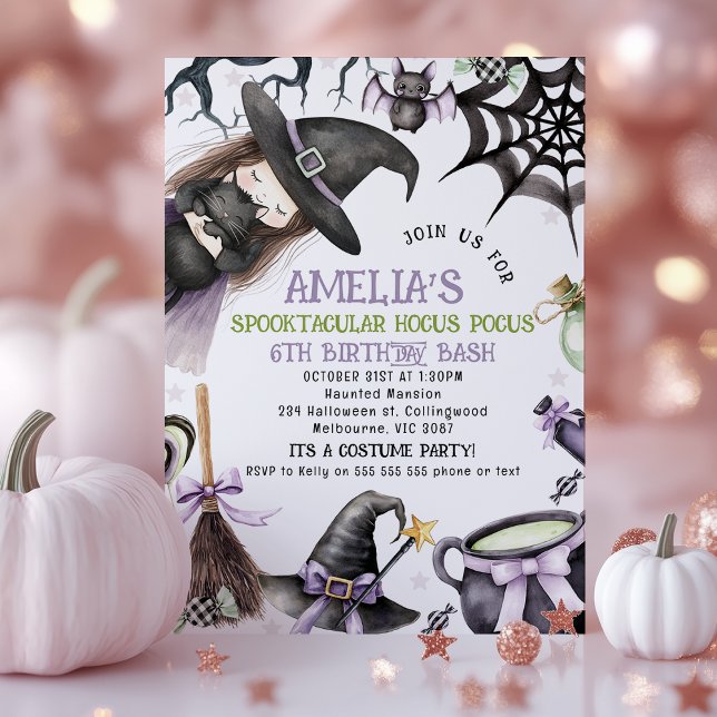 Convites Aniversário da Bruxa Verde Roxa (Little Witch Halloween Birthday Invitation, Witch Birthday Invitations, Halloween Birthday Invite)