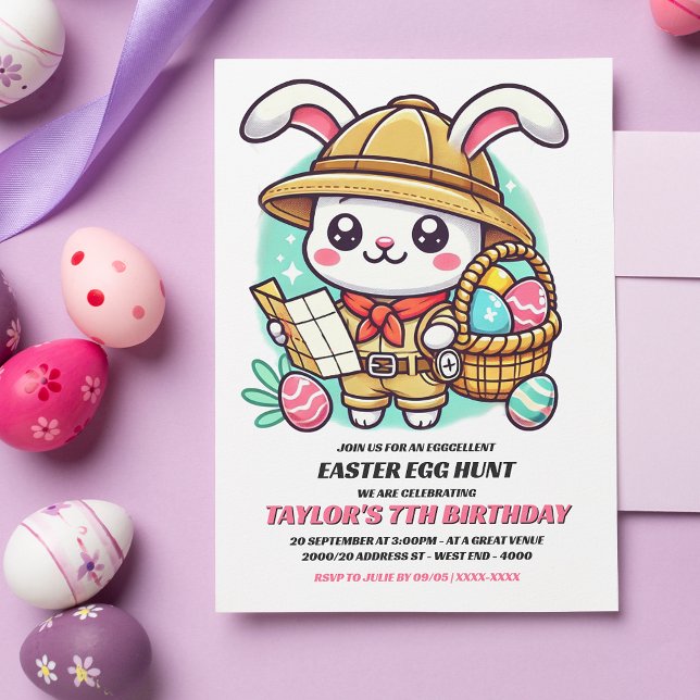 Convites Aniversário da Caça do Ovo de Páscoa do Bonny Expl (Invite friends and family to an eggcellent Birthday Easter egg hunt with this adorable invitation.)