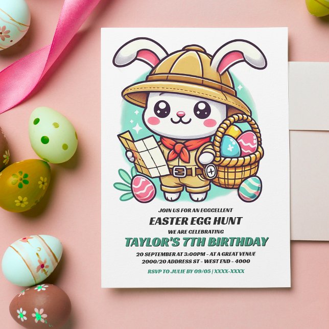 Convites Aniversário da Caça do Ovo de Páscoa do Bonny Expl (Invite friends and family to an eggcellent Birthday Easter egg hunt with this adorable invitation.)