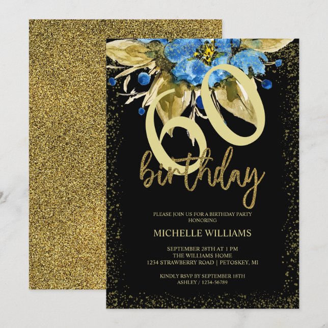 Convites Aniversário da Caligrafia Dourada Floral Azul (Frente/Verso)