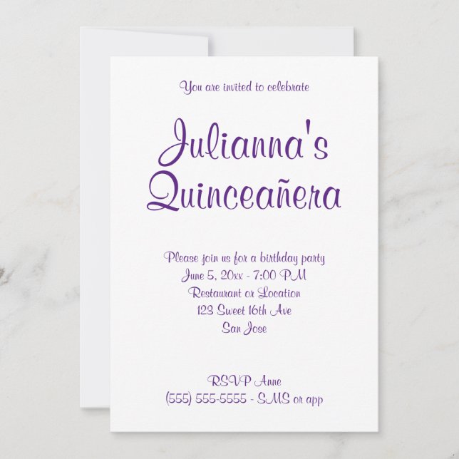 Convites Aniversário da Calligrafia Real Purple Quinceañera (Frente)