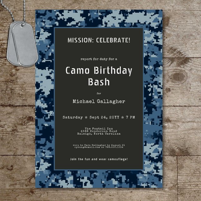 Convites Aniversário da Camuflagem Azul Soldado Militar (Military Soldier Blue Camouflage Birthday Invitation)