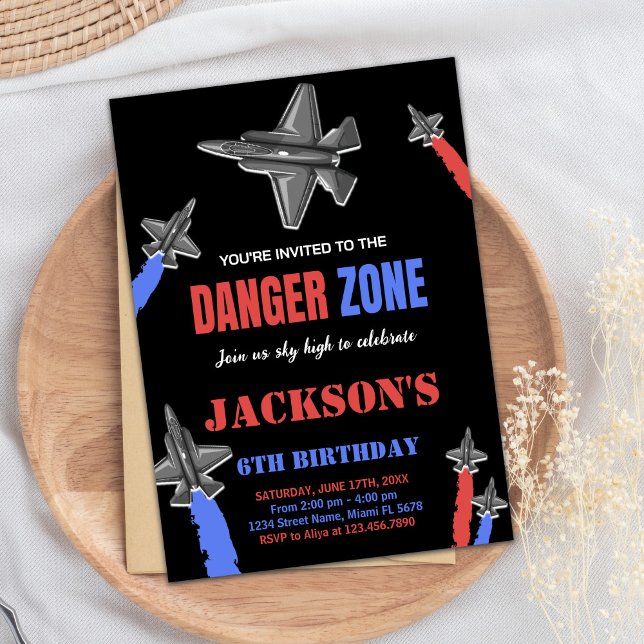 Convites Aniversário da Cargueira de Cinza Vermelha Negra (Black Red Blue Gray Fighter Jet Birthday Invitation)