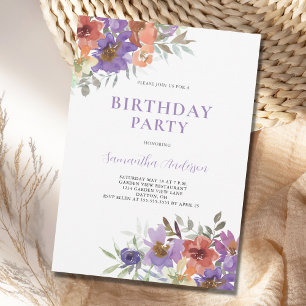 Convites Aniversário da Cor Floral Púrpura Elegante