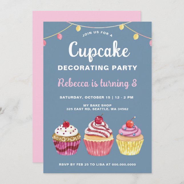 Convites Aniversário da cupcake Decorando Festa (Frente/Verso)