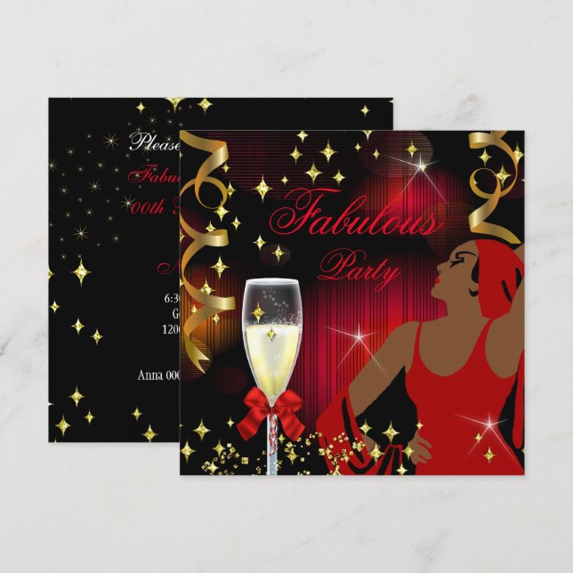Convites Aniversário da Diva Brilhante Vermelho Fabuloso (Frente/Verso)