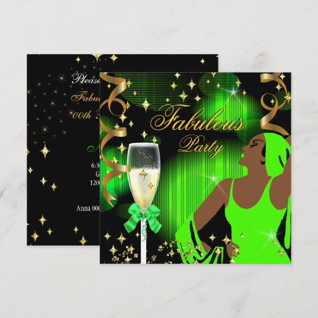 Convites Aniversário da Diva com Brilho Verde Lima Fabuloso (Frente/Verso)