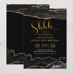 Convites Aniversário da Elegante Black e Dourada Agate Sur