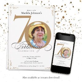 Convites Aniversário da Elegante Dourada Caligrafia Branca 