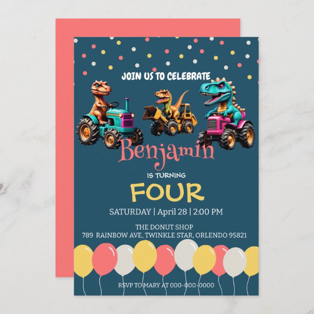 Convites Aniversário da escola de balões de caminhões com t (Frente/Verso)