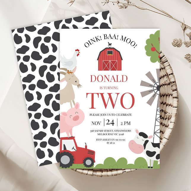 Convites Aniversário da Fazenda da Moo Baa Baa, com o Trato (Red Tractor Barnyard Birthday Invitation Template, Farm Birthday Invitation Boy, Red Barn Farmyard)