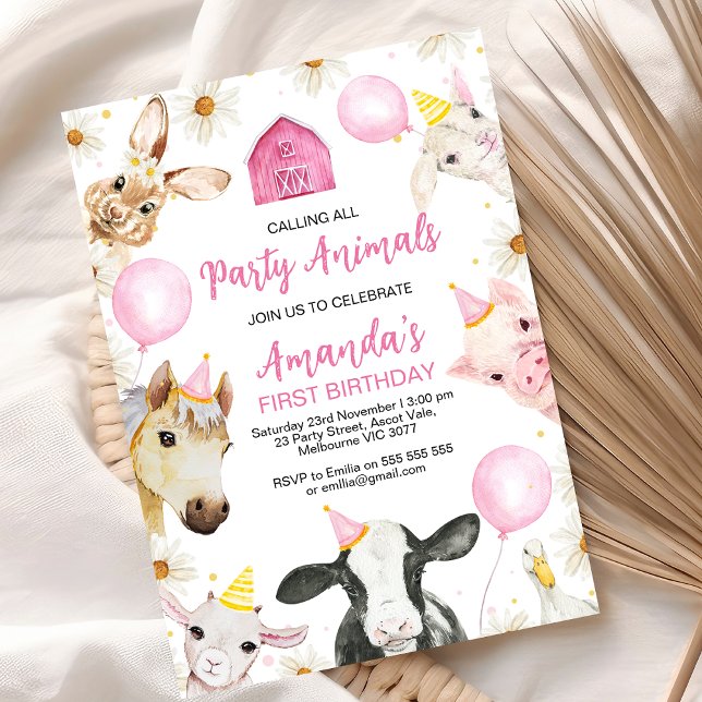 Convites Aniversário da Fazenda de margarida do balão rosa (Pink Yellow Farm Birthday Invitation Calling All Party Animals Farmyard Oink Baa Moo Farm Birthday)