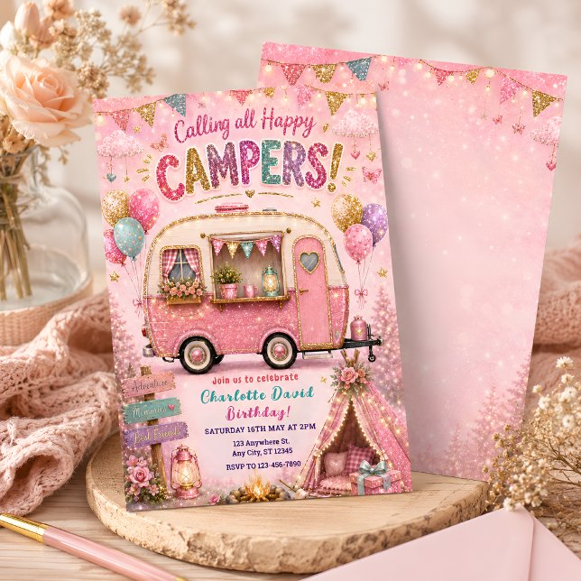 Convites Aniversário da Feliz Camper Rosa (Criador carregado)