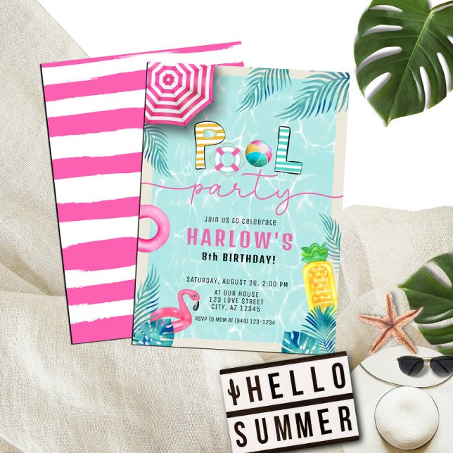 Convites Aniversário da festa da Piscina da garota do verão (Criador carregado)