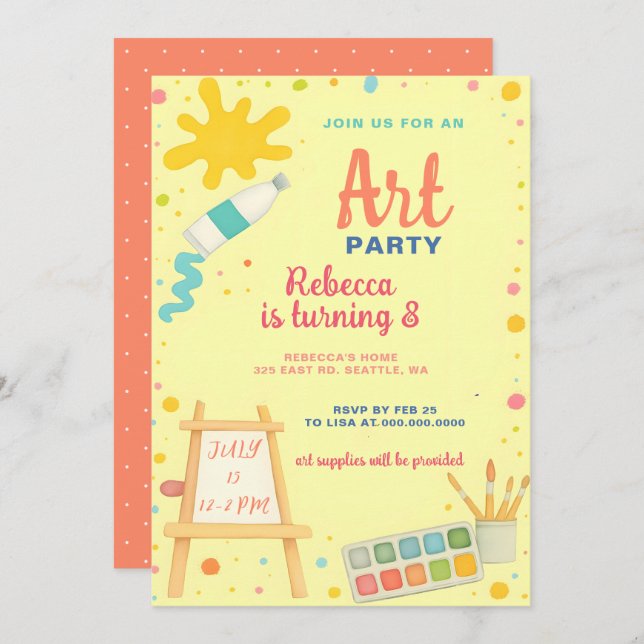 Convites Aniversário da Festa de Arte de Desenho Colorida (Frente/Verso)