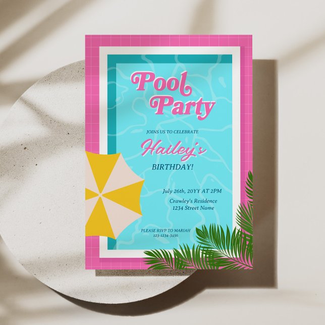 Convites Aniversário da Festa de piscina Convidar Rosa (Pool Party Birthday Invite Pink)