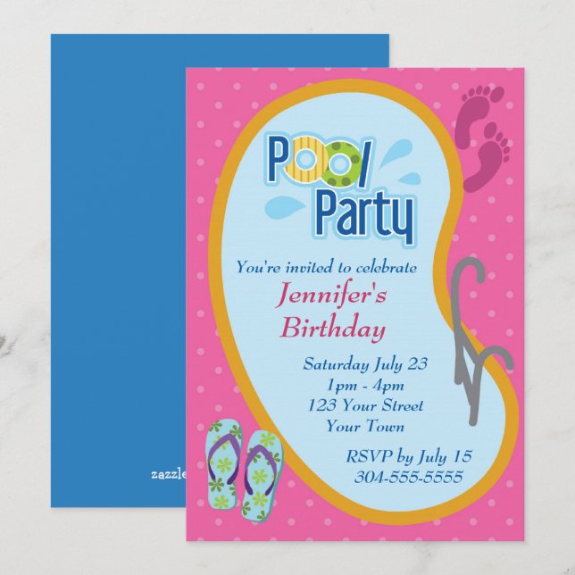 Convites Aniversário da Festa de Piscina de Sacudir (Frente/Verso)