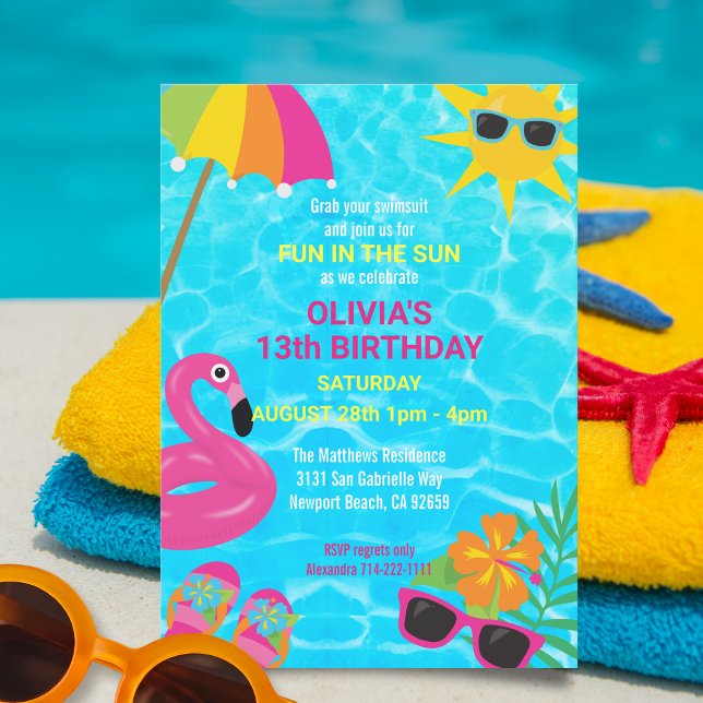 Convites Aniversário da Festa de Piscina de Verão (This colorful pool party invitation is perfect for a kid's, teen's or adult's birthday celebration!)