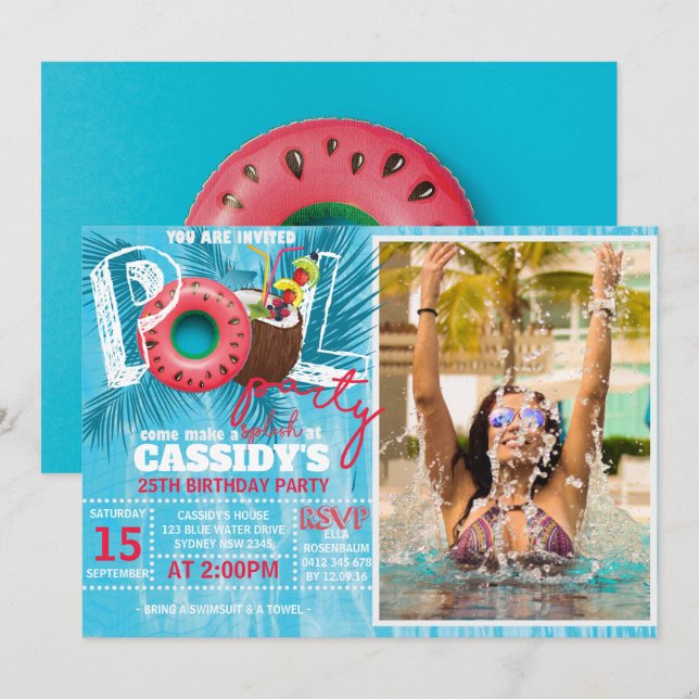 Convites Aniversário da Festa de Piscina de Verão (Frente/Verso)