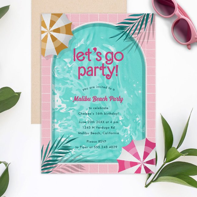 Convites Aniversário da Festa de Piscina de Verão de Boneca (Malibu beach doll birthday pool party invitation)