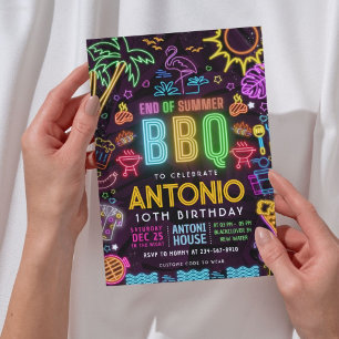 Convites Aniversário da Festa de Piscina Neon - Fim do Verã