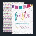 Convites Aniversário da Fiesta Kids, Script Colorido Mexica<br><div class="desc">Doce convite de aniversário das crianças. Apresentando "fiesta" em um tipo moderno de escrita em cores vibrantes de verão. Seus detalhes aparecem em uma simples tipografia com um confete de triângulo ao seu redor com um beliche no topo. Este convite de aniversário reverte para um padrão geométrico estranho.</div>