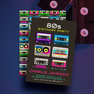 Convites Aniversário da fita cassete Funky Neon dos anos 90