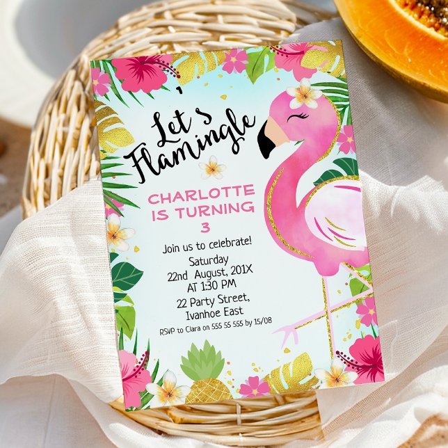 Convites Aniversário da Folhagem Floral Rosa Vamos Flamingl (Flamingo Birthday Invitation Template Instant Download Printable, Let's Flamingle Birthday Invite)