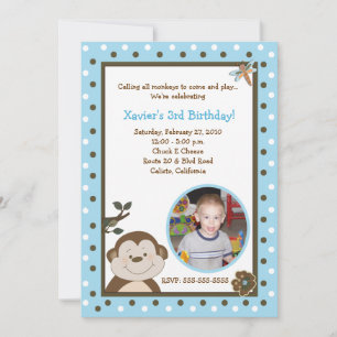 Convites Aniversário da FOTO Azul do Bambino Monkey 5 x 7