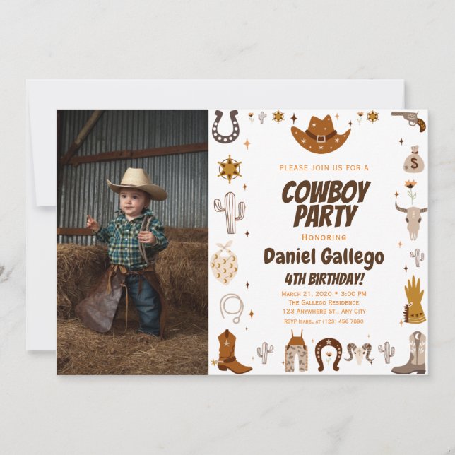 Convites Aniversário da Foto Brown Cute Cowboy (Frente)