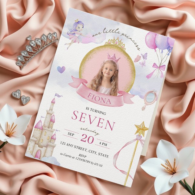Convites Aniversário da Foto da Dourada Princesa Fairytale  (Little Princess Birthday Invitation with Photo, Gold Pink Glitter, Fairytale Whimsical Aesthetic)