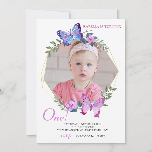 Convites Aniversário da Foto da Frame da Borboleta (Frente)