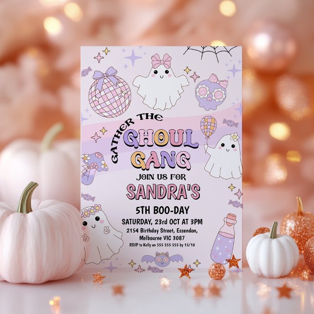 Convites Aniversário da Gangue do Halloween de Onda Rosa (Halloween Ghoul Gang Birthday Invitation, Retro Purple Pink Ghoul Gang Halloween Birthday Invitation)