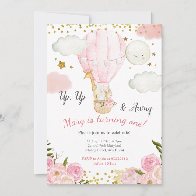 Convites Aniversário da Garota do Balão de Ar quente com an (Frente)