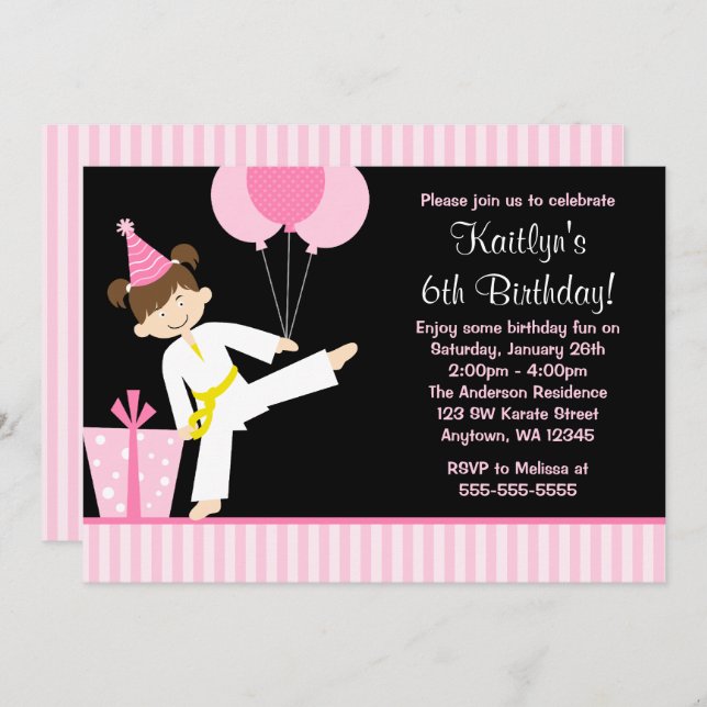 Convites Aniversário da Garota do Karate, Balões Rosa (Frente/Verso)
