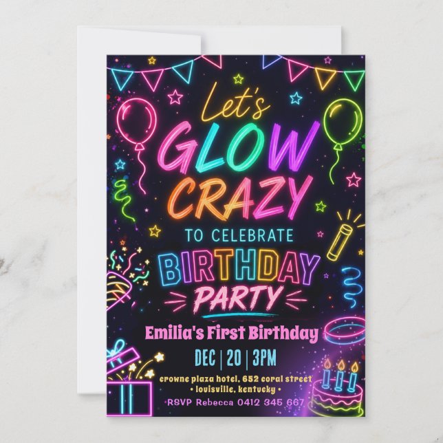 Convites Aniversário da Garota Glow Crazy (Frente)