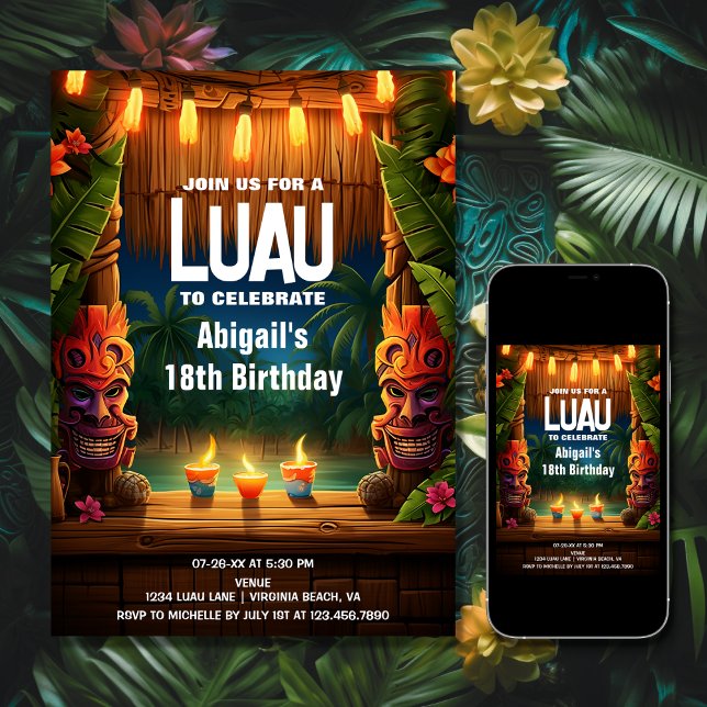 Convites Aniversário da Ilha Tropical Hawaiana, Tiki Luau (Printed and Digital - Tiki Luau Hawaiian Tropical Island Beach Birthday Invitation)