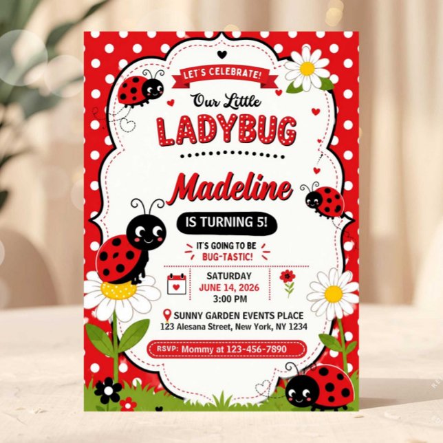 Convites Aniversário da Margarida da Joaninha Vermelha Fofa (ladybug birthday invite, ladybug invitation, bug birthday party, girl birthday invite, editable birt)