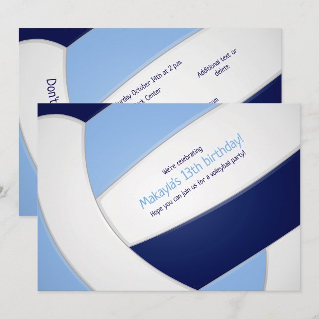 Convites aniversário da marinho de vôlei azul-claro (Frente/Verso)