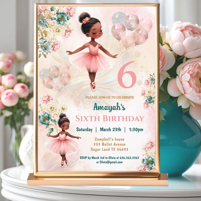 Convites Aniversário da Menina Ballerina, Negra-Rosa, Flora (Pink Teal Floral Dark Skin Ballerina Girl Birthday Invitation)
