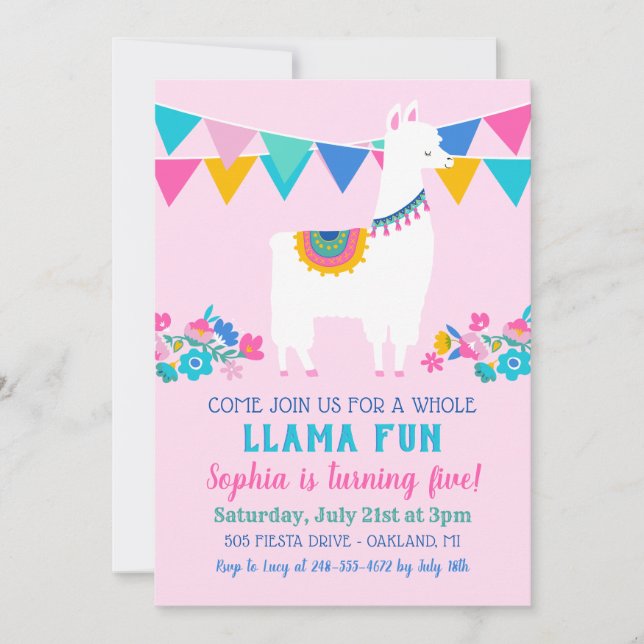 Convites Aniversário da Menina com Diversão de Llama Floral (Frente)
