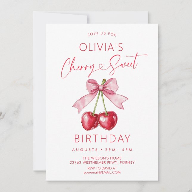 Convites Aniversário da menina com laço rosa cereja (Frente)