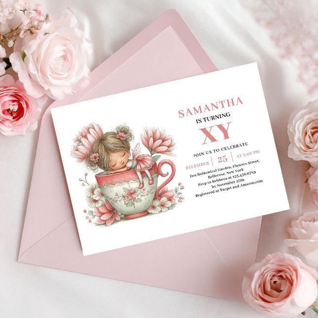 Convites Aniversário da Menina Fada Rubor Floral Rosa Chá d (Fairy Girl 1st Birthday Blush Floral Pink Invitation)