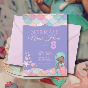 Convites Aniversário da Mermaid Pastel Pink Purple Teal Gir